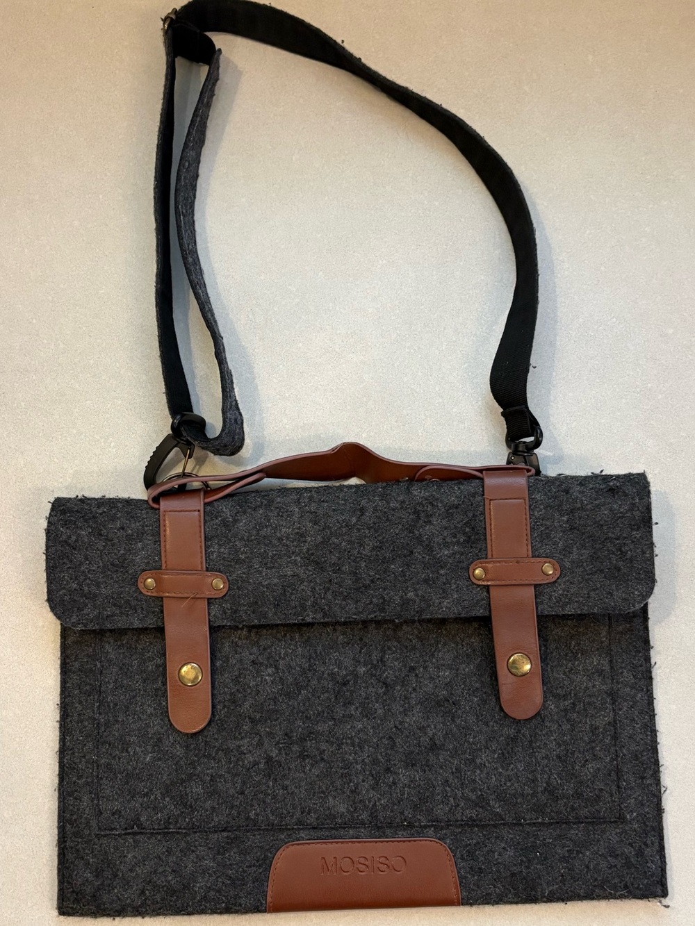 Gray Felt Laptop Messenger Bag with Brown Leather Accents